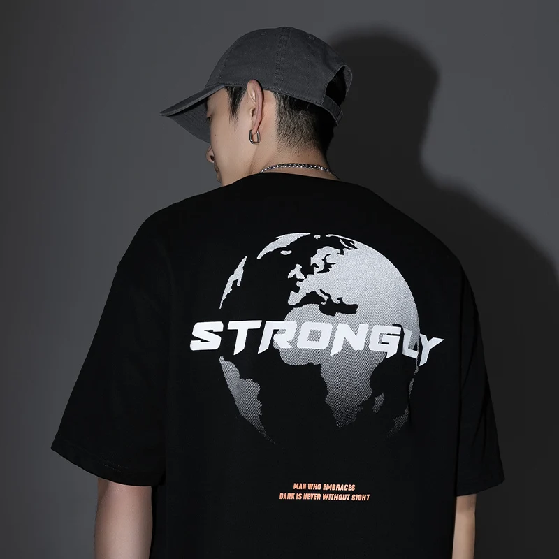 

Summer Fashion Brand Reflective T-shirt Men's Short Sleeve Earth Printing Loose Collar Pure Cotton Couples T-shirt Male