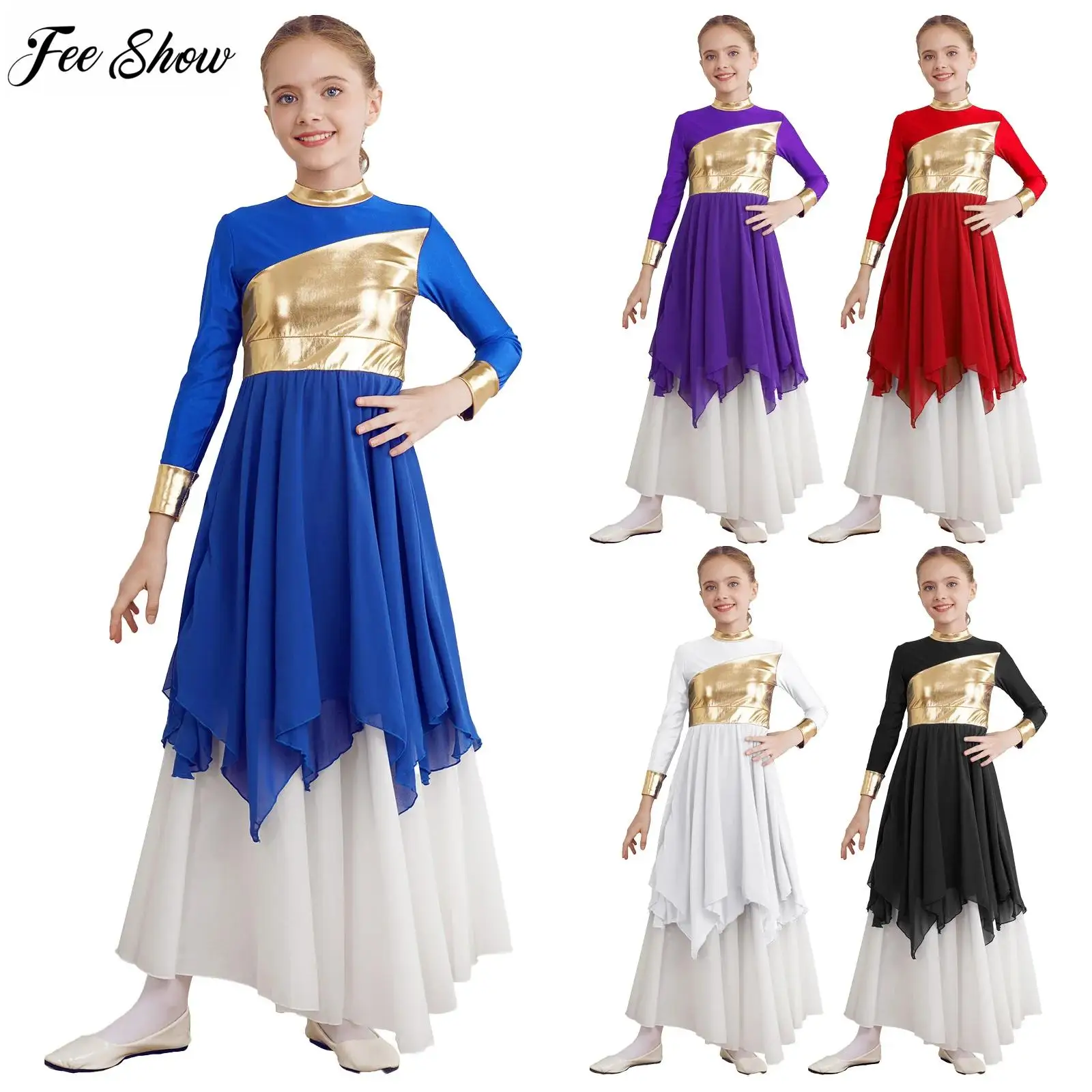 Kids Girls Prayer Dress Long Sleeve Round Collar Bronzing Cloth Asymmetric Hem Zipper Closure Back Ballet Dance Dress
Kids Girls Prayer Dress Long Sleeve Round Collar Bronzing Cloth Asymmetric Hem Zipper Closure Back Ballet Dance Dress
