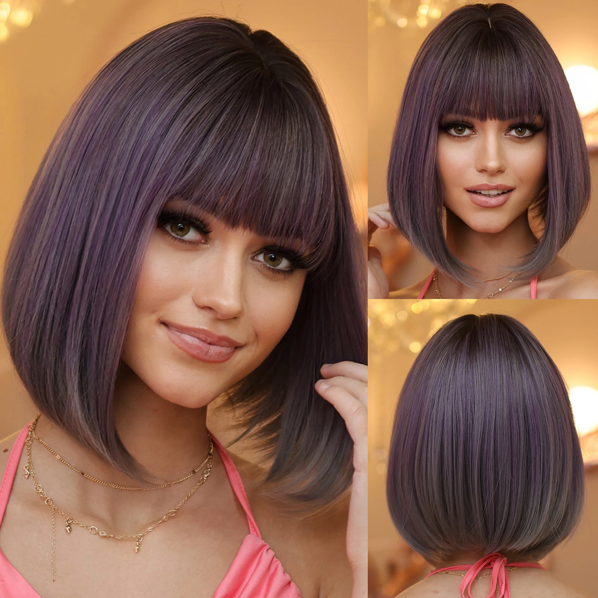 

Purple Ombre Cosplay Synthetic Wigs Short Bob Straight Lolita Halloween Hair Wig with Bangs for Women Afro Heat Resistant
