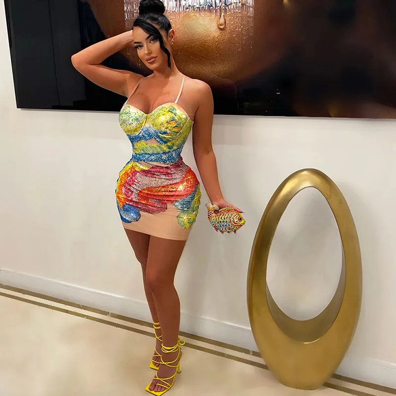 Colourful Print Diamonds Rhinestone Dress for Women Birthday Party Club Spaghetti Strap Strapless Bodycon Mini Dresses Backless
Colourful Print Diamonds Rhinestone Dress for Women Birthday Party Club Spaghetti Strap Strapless Bodycon Mini Dresses Backless