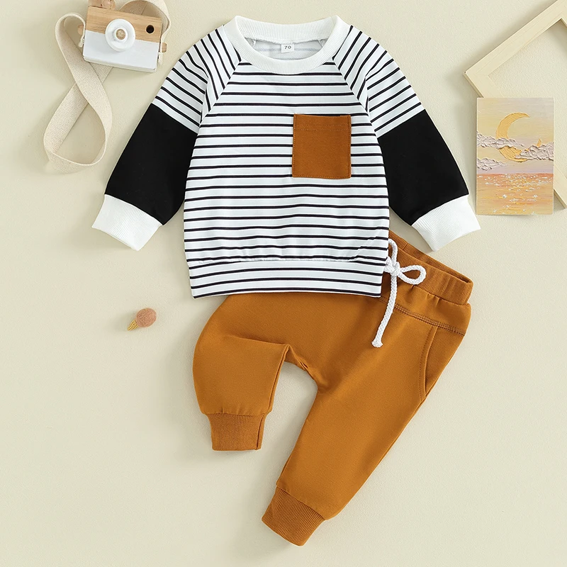 

2023-09-19 Lioraitiin 0-3Y Toddler Baby Boys Fall Clothes Stripe Print Long Sleeve Pocket Pullover Elastic Waist Pants Outfit