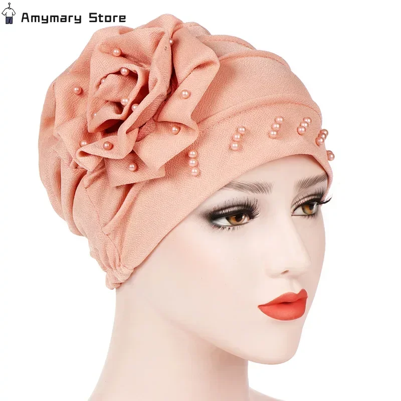

2024New Helisopus Women New Fashion Ruffle Beaded Solid Scarf Cap Muslim Head Wrap Chemo Turban Bandanas Ladies Hair Accessories