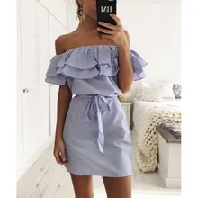 

Summer Fashion European and American Style New Striped Ruffled off-Neck Solid Color Dress PopularwishWomen's- Good Quality