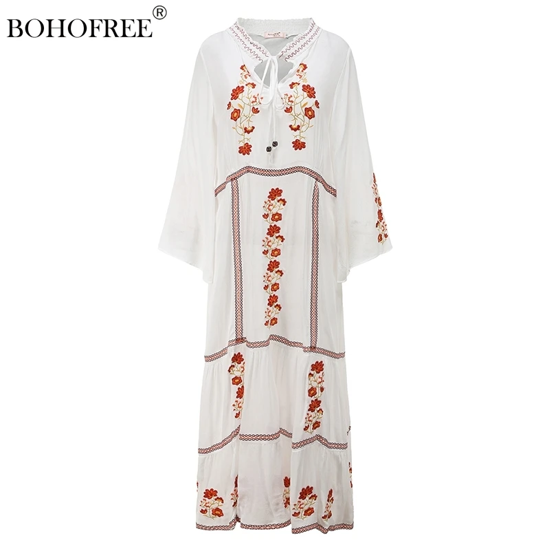 

Vintage Chic Solid Rayon Floral Embroidery Long Dress Bohemian Style Autumn Women Casual Maxi Hippie Boho Vestidos Kaftan Robe