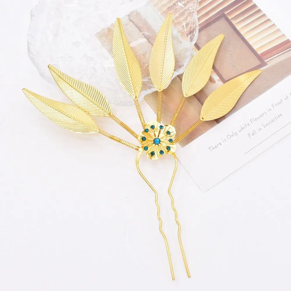 

Ancient Hanfu Headwear Thai Headdress Leaf Ancient Style Headwear Metal Hair Sticks Flower Gold U Shape Hairpin