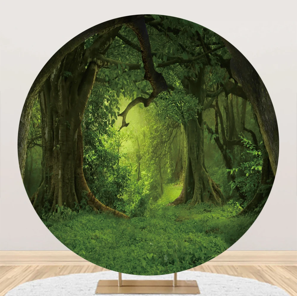 

Laeacco Spring Green Forest Circle Photo Backdrop Jungle Rainforest Natural Scenery Kid Birthday Portrait Photography Background