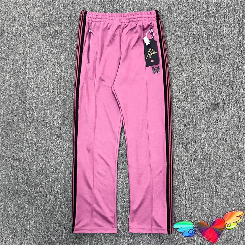 

2024 Woven Stripes Pink Needles Pants Men Women Poly Smooth Needles Track Pants Embroidered Butterfly Japan AWGE Trousers