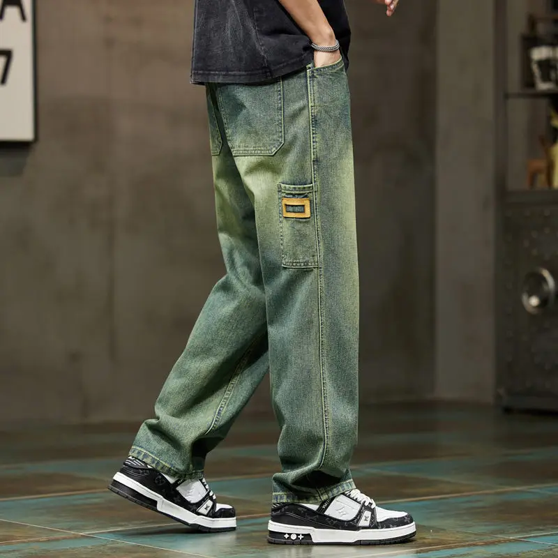

Винтажные свободные джинсы, мужские прямые широкие брюки в стиле High Street, мешковатые брюки для мужчин, ретро брюки в стиле хип-хоп, модные желтые окрашенные в грязь