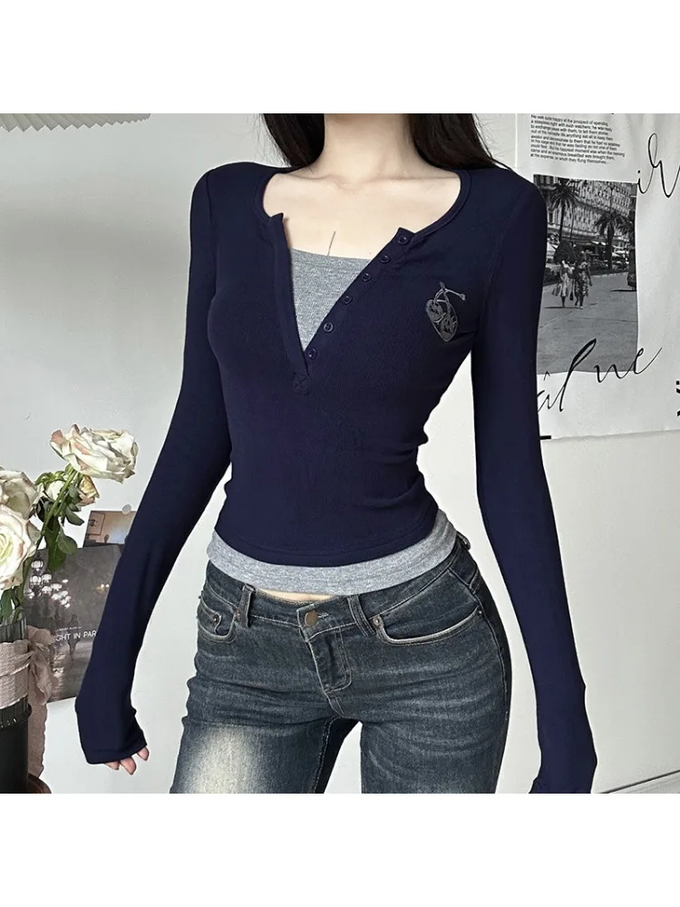 Vintage Crop Top Patchwork Contrast Color Fake Two-Piece Long Sleeve T-shirt Women Autumn Y2K Aesthetic Slim Short Unique Blouse
Vintage Crop Top Patchwork Contrast Color Fake Two-Piece Long Sleeve T-shirt Women Autumn Y2K Aesthetic Slim Short Unique Blouse