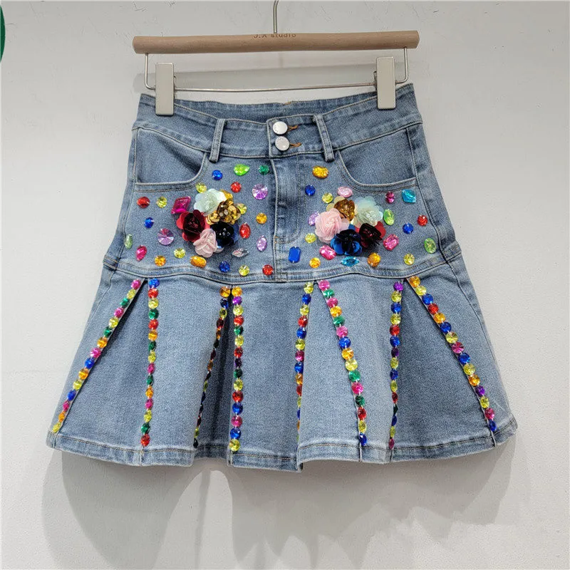 2023 Spring Summer New Fashion Trendy Rhinestone Sequin Flower Short Denim Skirt Women Elegant Sweet Diamonds Skirt
2023 Spring Summer New Fashion Trendy Rhinestone Sequin Flower Short Denim Skirt Women Elegant Sweet Diamonds Skirt