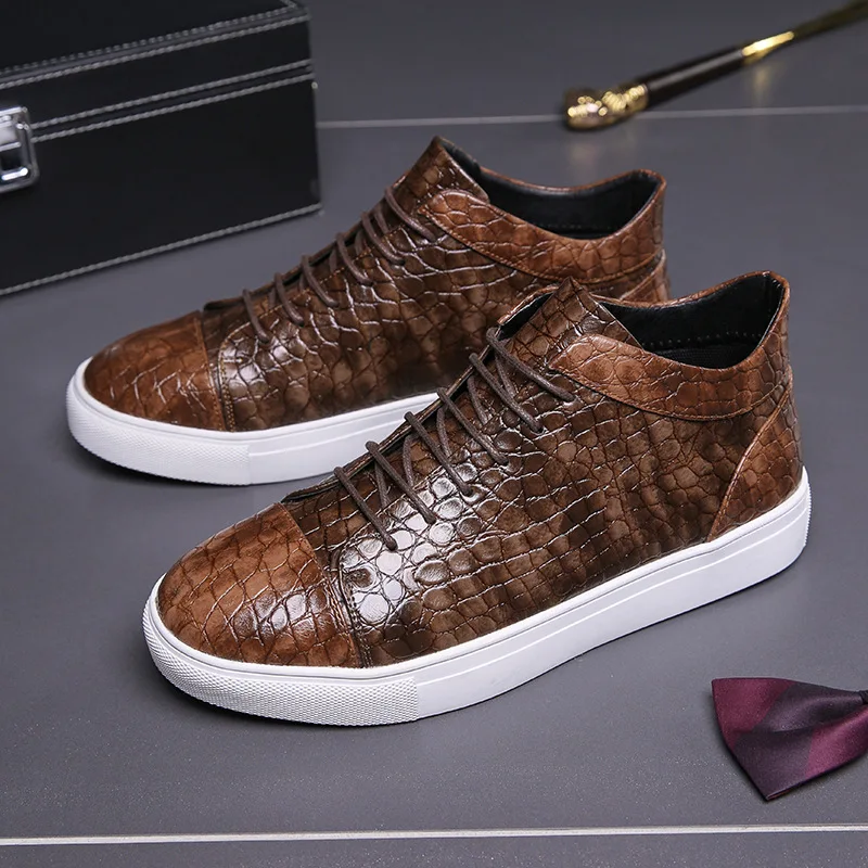 

Luxury Retro Brown Men's High Top Shoes Lace-up Crocodile Leather Sneakers Man Flat Non-slip Men Vulcanized Shoes Big Size 47
