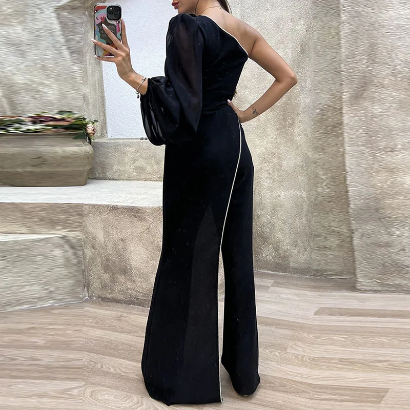 

Women Sexy One-shoulder Mesh Sleeve Jumpsuit Spring Skew Collar Backless Hollow Romper New Fall Flare Pant Hem Playsuit Overalls