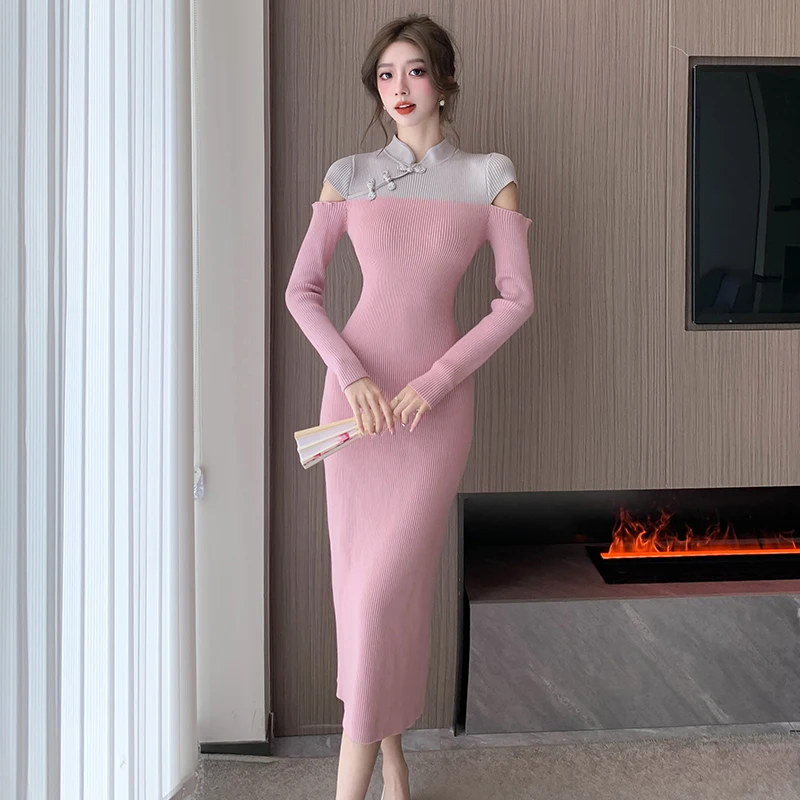 

New Chinese style cheongsam button knit woolen dress with high-end temperament, retro national style, and slim fitting dress tre