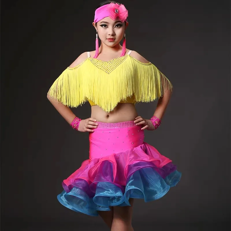 

Детское платье для латиноамериканских танцев, новинка 2024, платье для девочек для латиноамериканских танцев, одежда для выступлений, одежда с блестками, кисточками и стразами