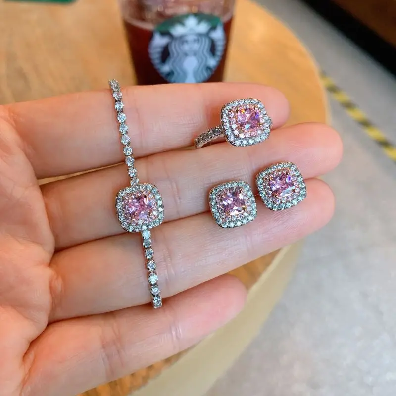 Small square sugar ring glitter zircon needle pink diamond stud earrings bracelet ring set accessories women's
Small square sugar ring glitter zircon needle pink diamond stud earrings bracelet ring set accessories women's