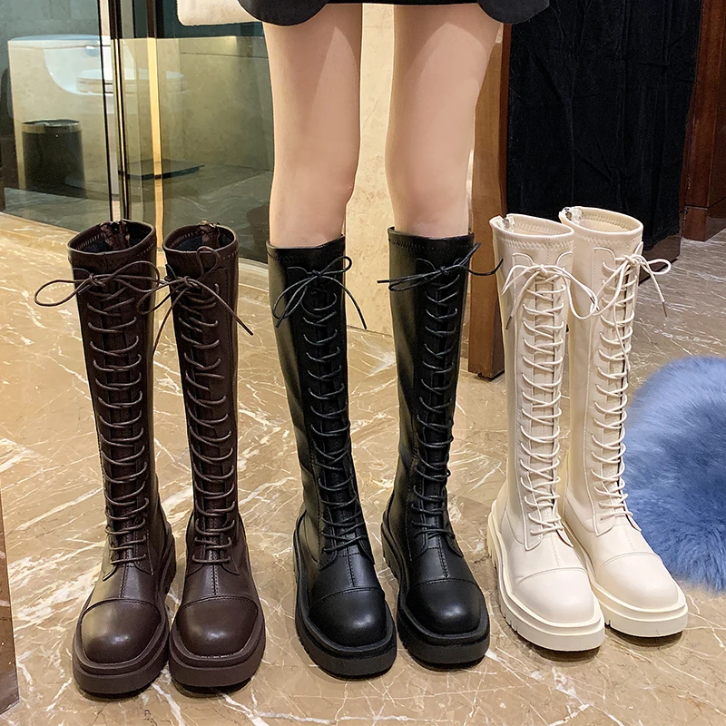

Женские сапоги выше колена на шнуровке-Женская обувь с круглым носком зимняя обувь выше колена 2023 на резиновой подошве на высоком каблуке Дамская обувь в стиле "Лолита" со шнуровкой