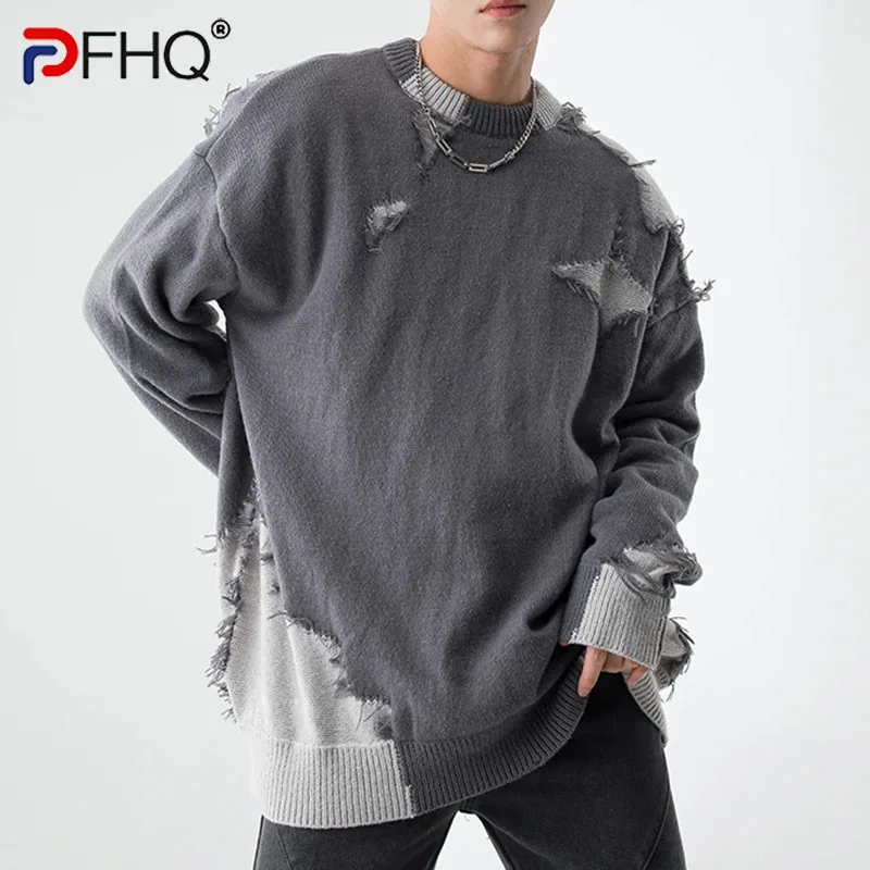 

PFHQ Knitwear Men's High Street Worn Out Pullovers Creativity Personality Contrast Color Warm Round Neck Sweater Autumn 21Z3356