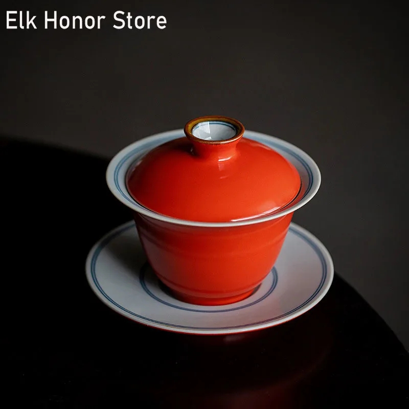 

150ml Boutique Coral Red Glaze Ceramic Tea Tureen Hand Drawn Double Line Tea Maker Gaiwan Household Tea Bowl Kung Fu Teaset Gift