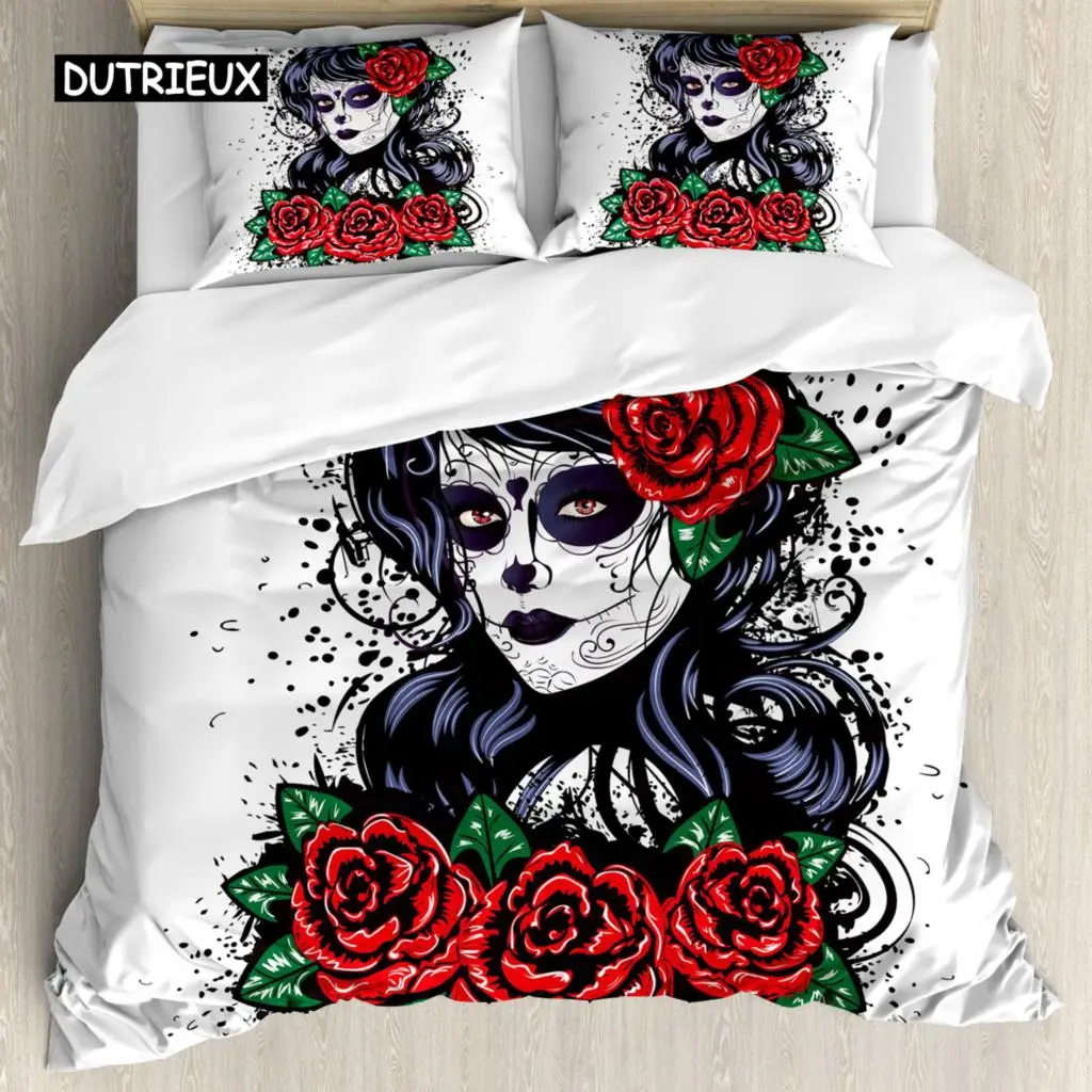 

Sugar Skull Lady Duvet Cover King Queen Size Day of Dead Theme Bedding Set Retro Gothic Skeleton Red Rose Soft Quilt Cover White
