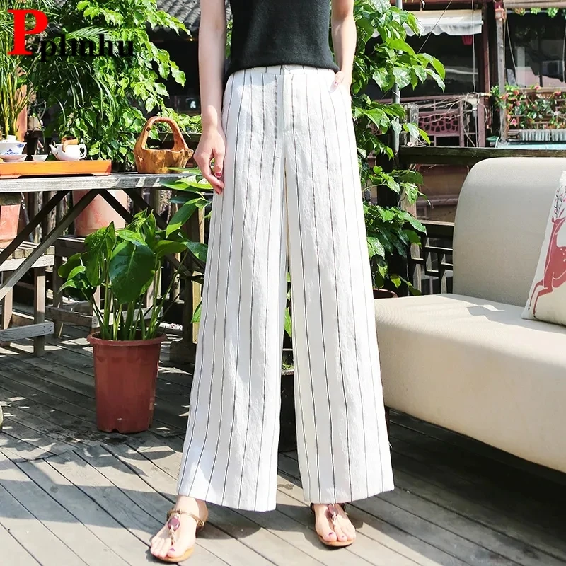 

Stripe Cotton Linen Wide Leg Pants Thin Baggy Summer Oversized Pantalones Women High Waist Trousers Casual Ankle-length Spodnie