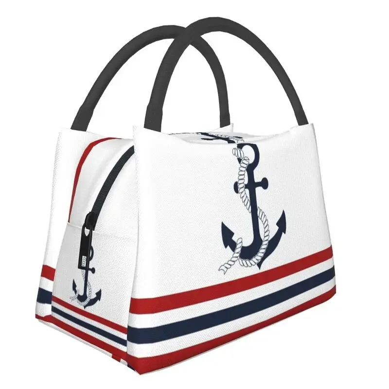 

Nautical Blue Anchors With Stripes Insulated Lunch Bag for Work Office Sailing Sailor Portable Thermal Cooler Lunch Box Women
