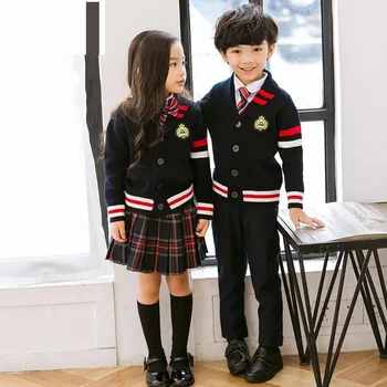 아동용 교복, 여아 남아용 스웨터, 상의 스커트, 바지 칼라, 세트 격자 무늬, 한국 면, 유치원, 일본 옷