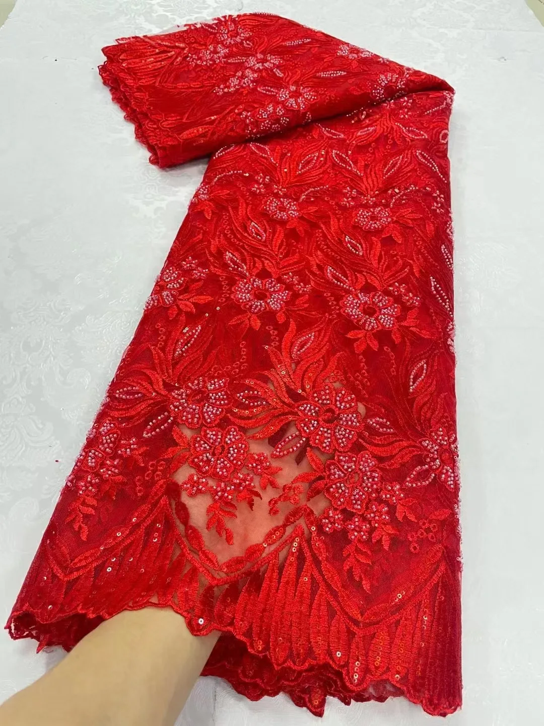 Red African Lace Fabric 2023 High Quality French Sequins Beaded Embroidery Tulle Lace Fabric For Nigerian Weeding Party Dress
Red African Lace Fabric 2023 High Quality French Sequins Beaded Embroidery Tulle Lace Fabric For Nigerian Weeding Party Dress