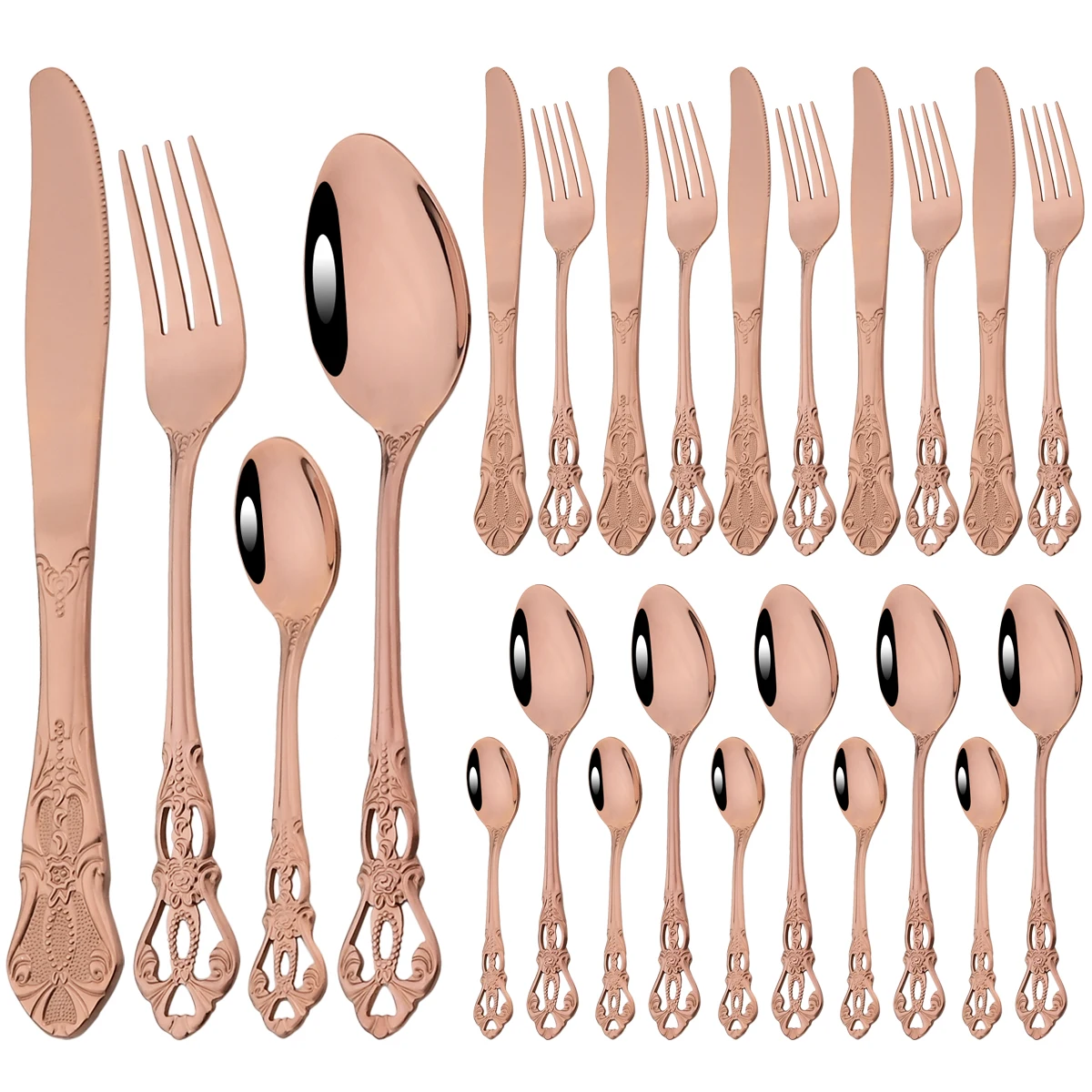 

24Pcs Rose Dinnerware Set Vintage Stainless Steel Cutlery Set Knives Fork Teaspoon Tableware Western Kitchen Flatware Silverware