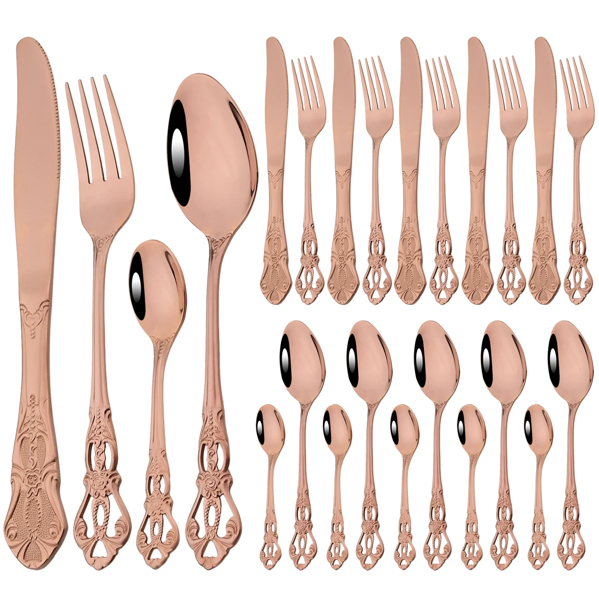 24Pcs Rose Dinnerware Set Vintage Stainless Steel Cutlery Set Knives Fork Teaspoon Tableware Western Kitchen Flatware Silverware
24Pcs Rose Dinnerware Set Vintage Stainless Steel Cutlery Set Knives Fork Teaspoon Tableware Western Kitchen Flatware Silverware