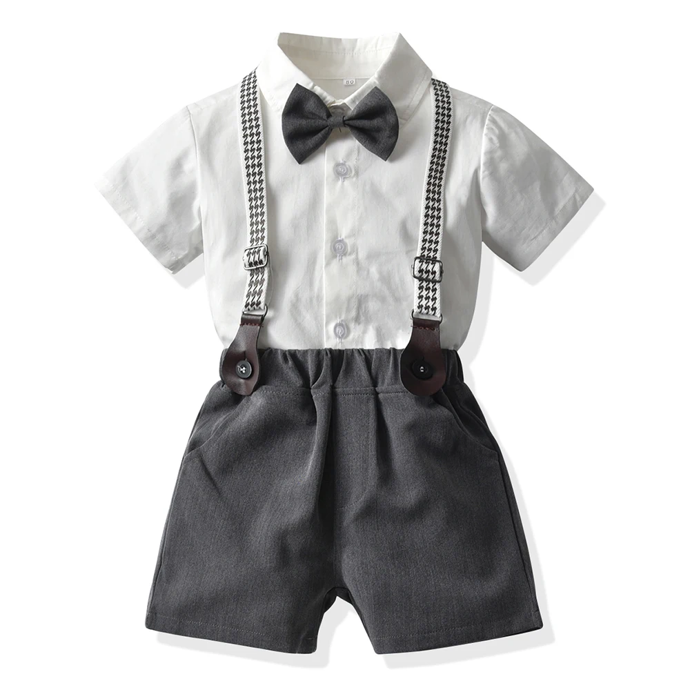 

Fashion Toddler Kids Boys Gentleman Clothing Set Formal White Short Sleeve Shirts with Bowtie+Overalls Casual Suits