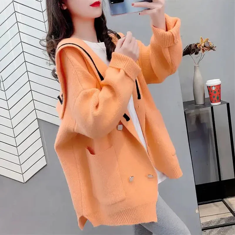 

Autumn Sailor Collar Sweater Cardigans for Woman 2024 Lazy Style Button Pockets Long Sleeve Coat Women Korean Loose Knitted Top