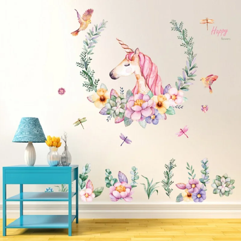 

Cartoon Unicorn Petal Birds Large Wall Stickers Animal Home Decor Living Room Bedroom Art Decals Wallpaper