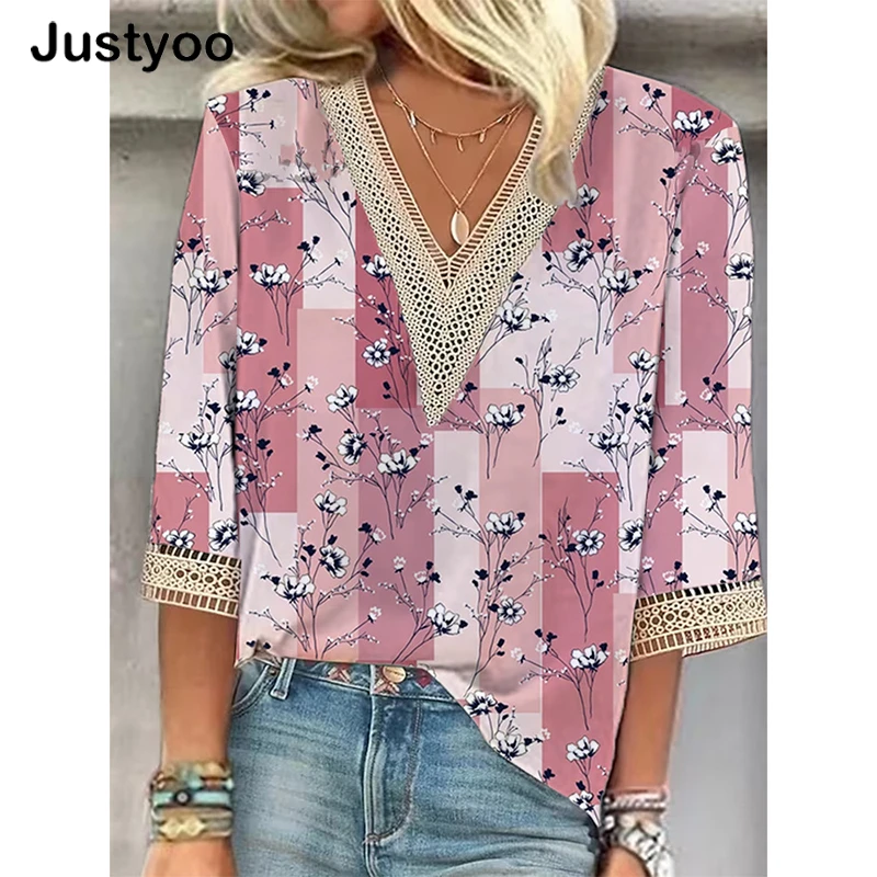 

2023 Casual Summer Woman Shirt Lace V Neck Fashion Elegant Loose Shirt Fashion Three Quarter Office Lady Blouse Tops Blusa Tops