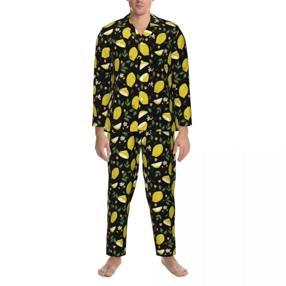 

Yellow Lemon Pajama Set Spring Bright Fruit Print Lovely Sleep Sleepwear Male 2 Piece Retro Oversized Design Nightwear Present
