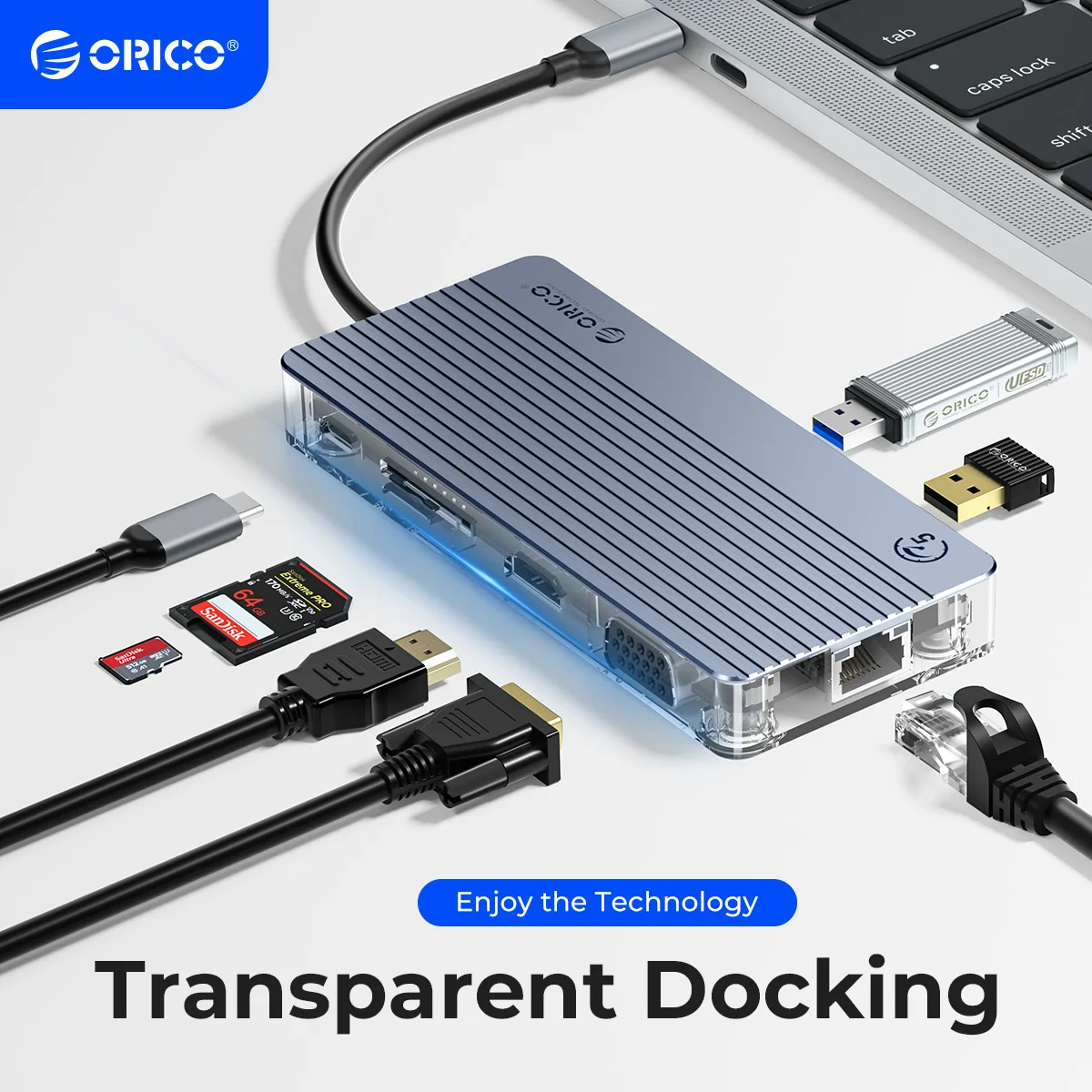 

ORICO Transparent 11-IN-1 USB C Docking Station Type-C to 4K30Hz HDMI-com Adapter PD100W SD TF USB 3.0 HUB Splitter for MacBook