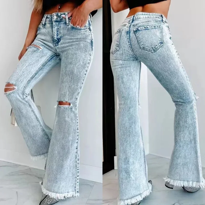 

Women Jeans Boot Cut Holes Flare Pants Denim Washing Pockets Loose High Waist Wide Leg Pants Solid Basics Distressed Button