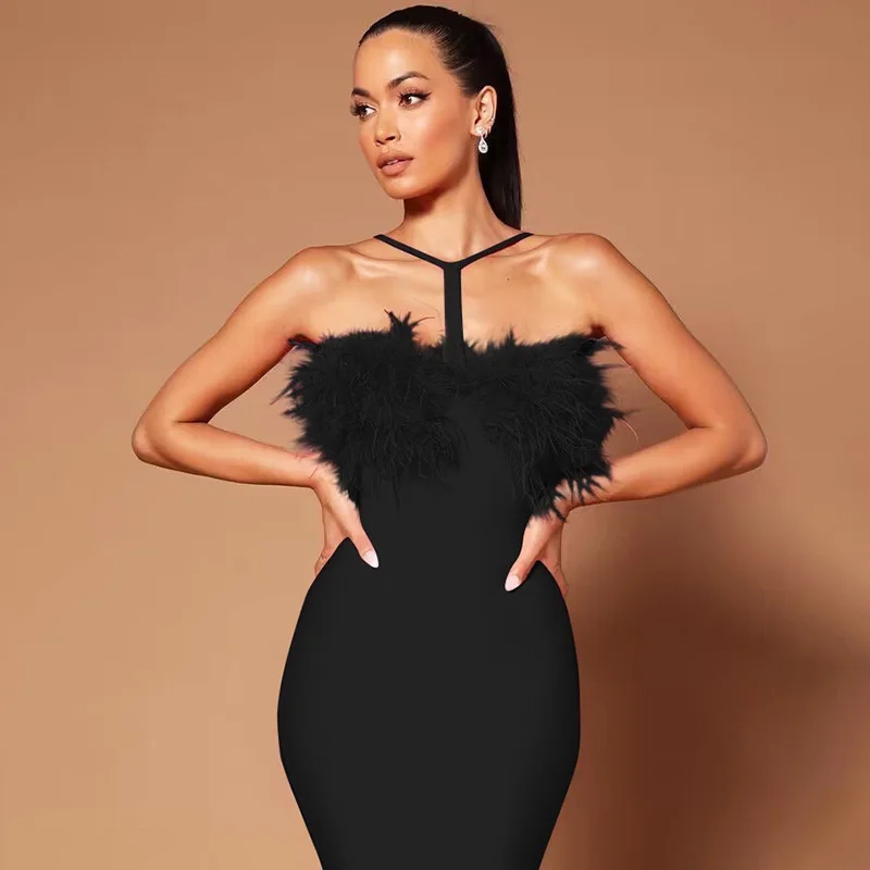 

Europe and America Cross Border New Bandage Women's Clothing Halter Feather Slim Slimming Temperament Bandage One-Piece Dress Pa