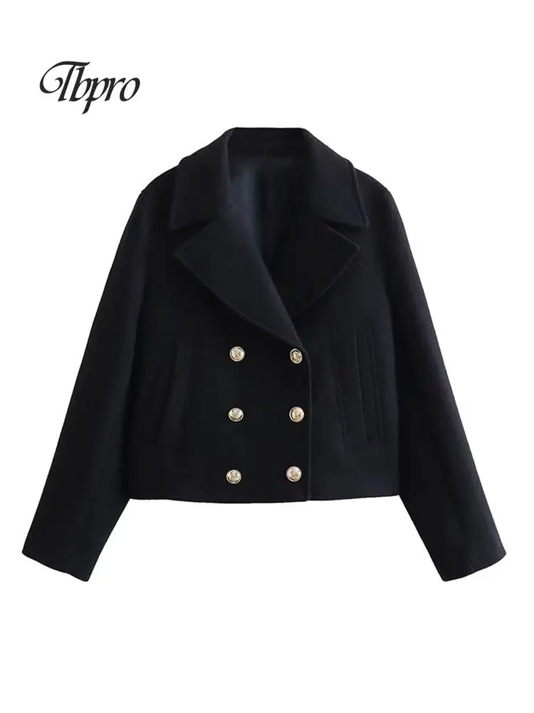 

Женское двубортное короткое пальто, элегантное однотонное пальто с отложным воротником и длинным рукавом, офисное пальто для осени и зимы