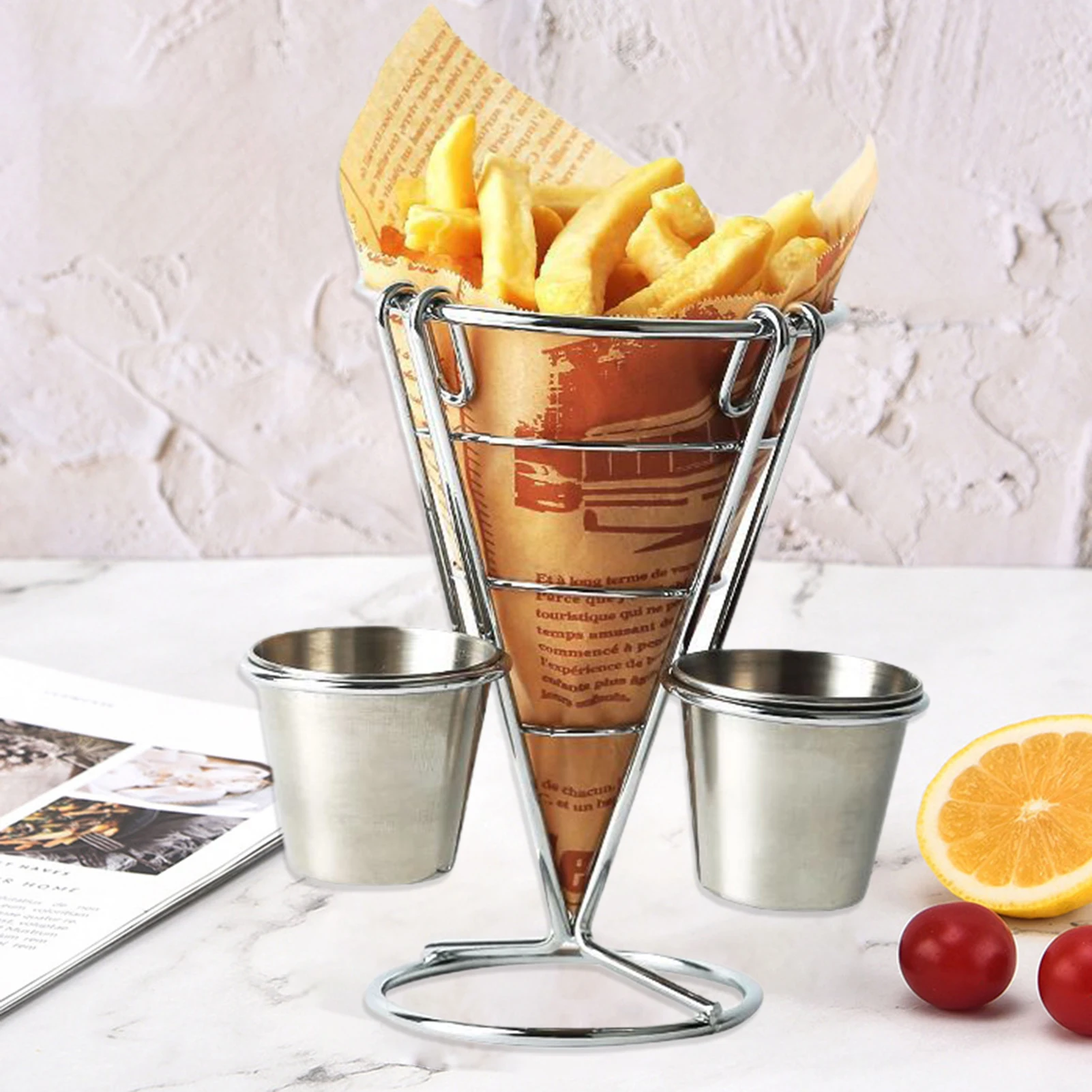 Chicken Wings Holder Shrimp Basket Durable Metal Fries Stand with Cup Holder Rust-proof Chip Cone Basket Fry Holder for Food
Chicken Wings Holder Shrimp Basket Durable Metal Fries Stand with Cup Holder Rust-proof Chip Cone Basket Fry Holder for Food