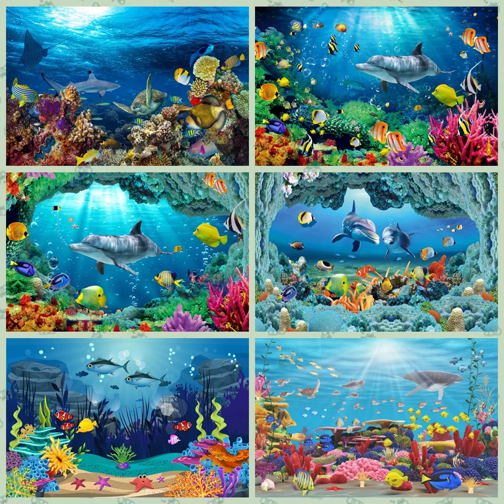 

Underwater World Seabed Backdrop for Photography Ocean Coral Fish Aquarium Baby Portrait Birthday Background Photo Zone Studio