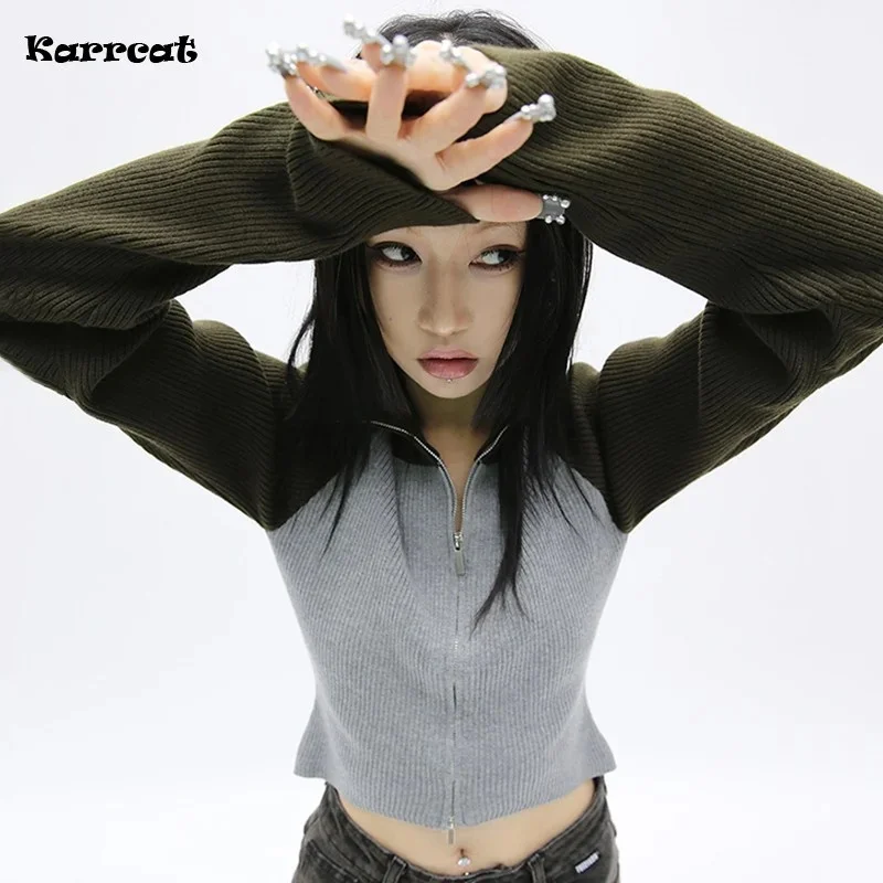 

Karrcat Grunge Patchwork Turtleneck Cardigans Vintage Knitted Coat Gothic Harajuku Ribbed Knitwear Korean Streetwear Y2k