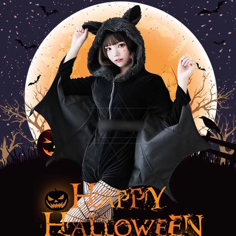 Woman Halloween Role Playing Costume Long sleeved Hooded jumpsuit shorts Black Vampire Bat Devil Wings Cute Character Dressing
Woman Halloween Role Playing Costume Long sleeved Hooded jumpsuit shorts Black Vampire Bat Devil Wings Cute Character Dressing
