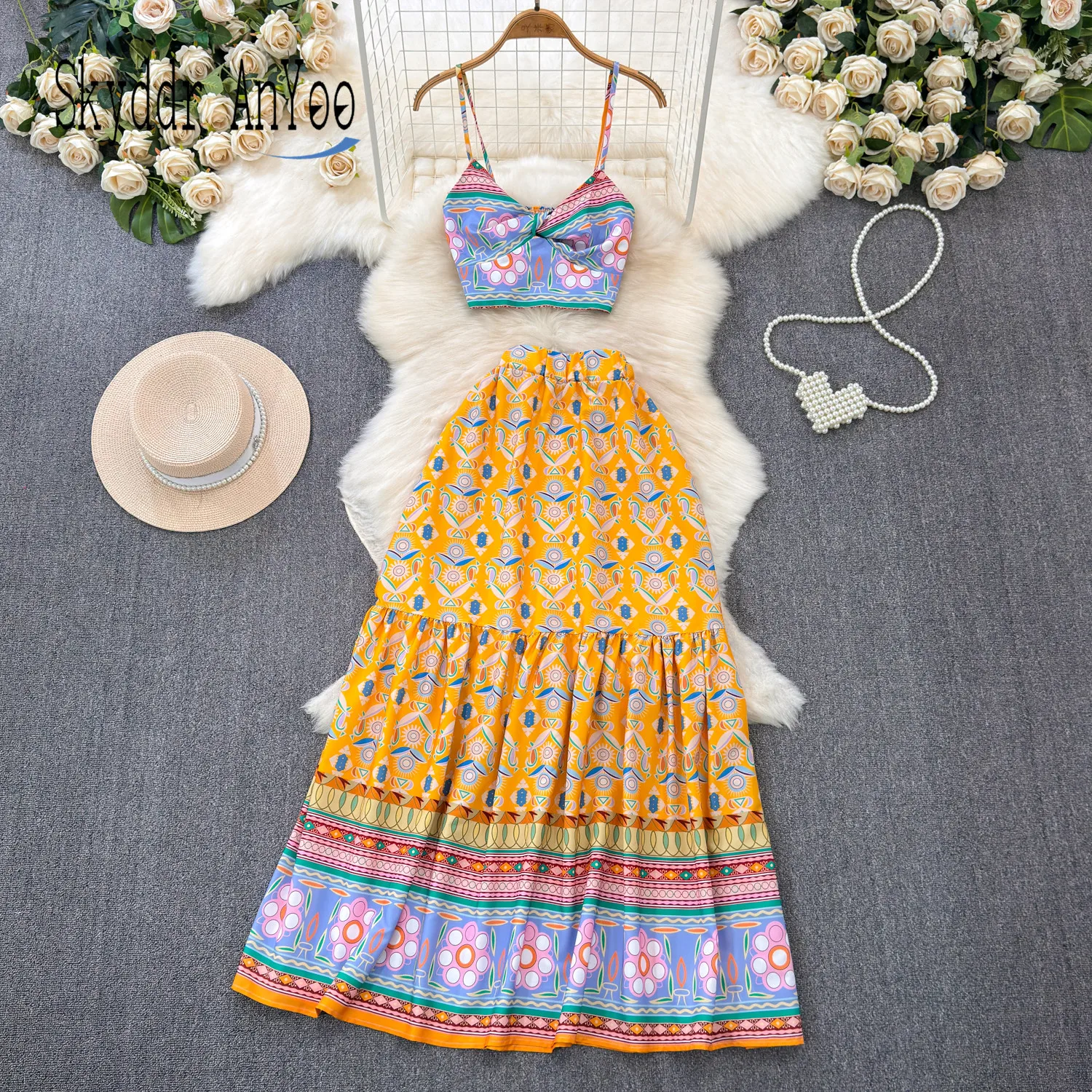 

Beach Vacation Two Piece Women's Suits Vintage Printed Sexy Strapless Crop Top And A-Line Long Skirt 2 Piece Sets Elegant Outfit