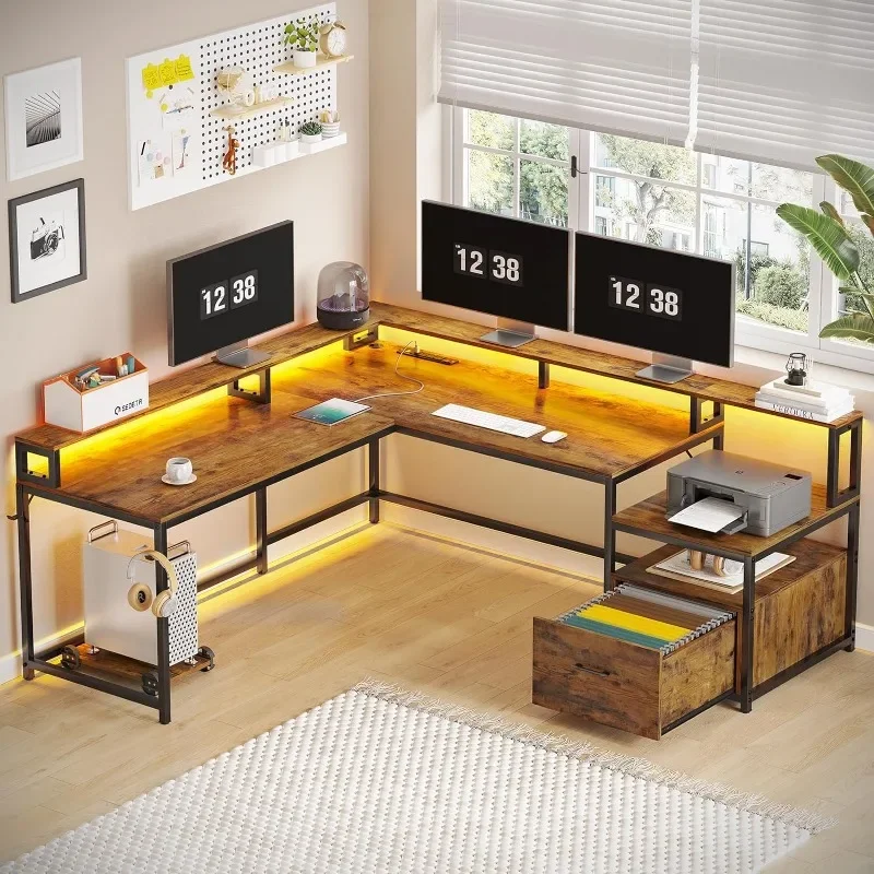

Стол SEDETA L-образный, для дома и офиса 66 дюймов, с ящиком для файлов и розеткой, игровой стол со светодиодной подсветкой, угловой компьютерный стол