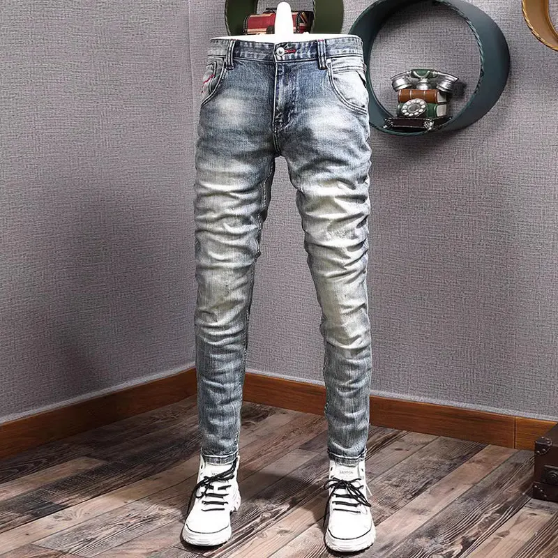 

Italian Style Fashion Men Jeans Retro Washed Blue Elastic Slim Fit Ripped Jeans Men Vintage Trousers Designer Denim Pants Hombre