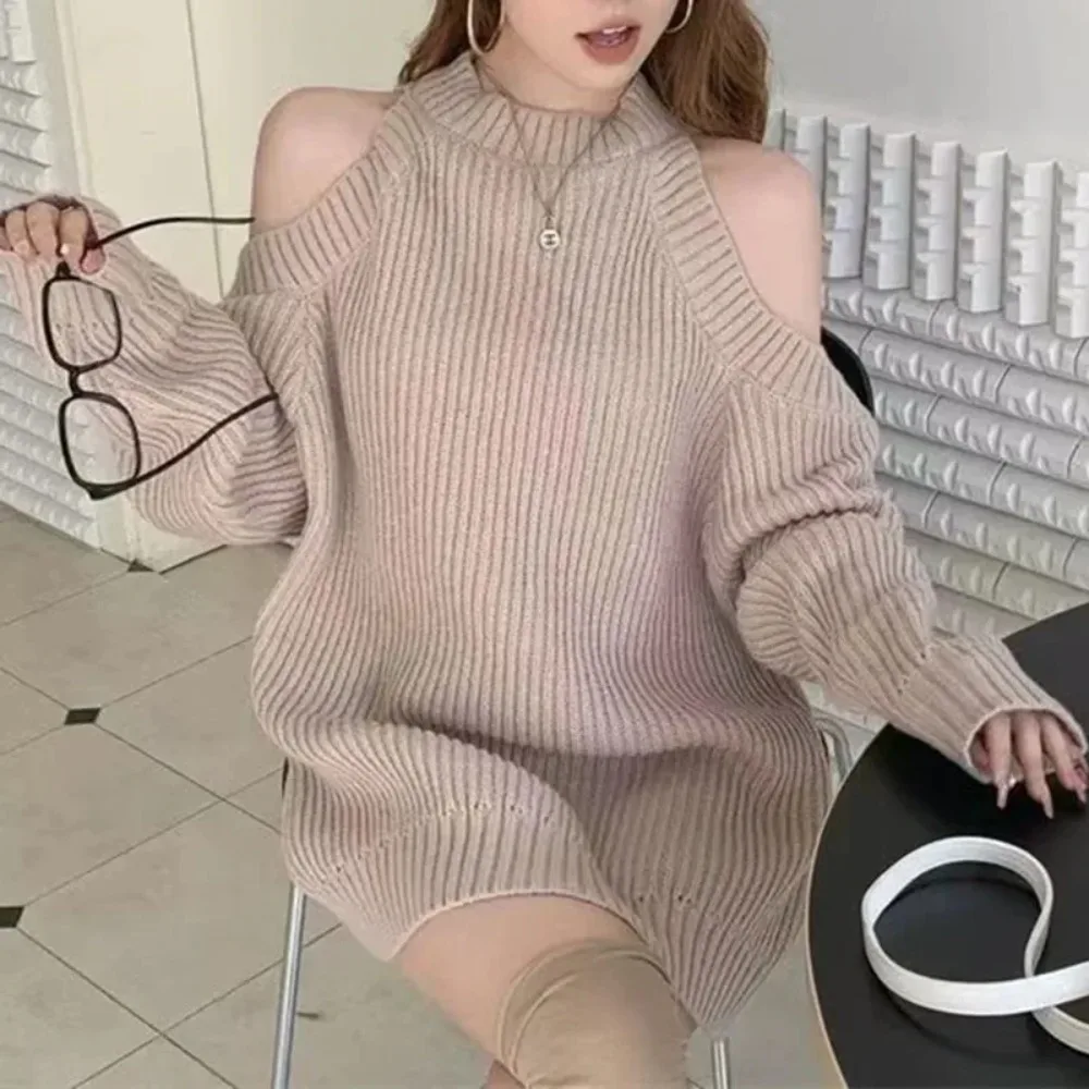 

Women Halter Solid Thick Knitted Tops Splice Full Sleeve Mid Length Pullovers Regular Hollow Out Loose Sweaters Autumn Winter