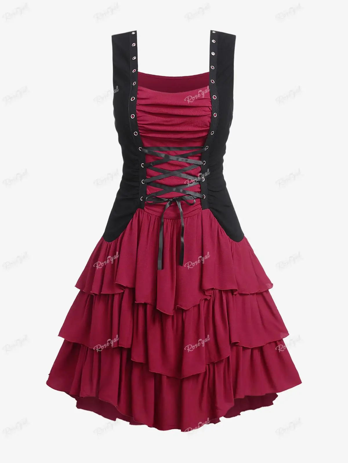 

ROSEGAL Gothic Grommets Lace-up Ruched Layered Dress Red Sexy Vintage Streetwear Sleeveless Tank Dresses Vestidos 5XL