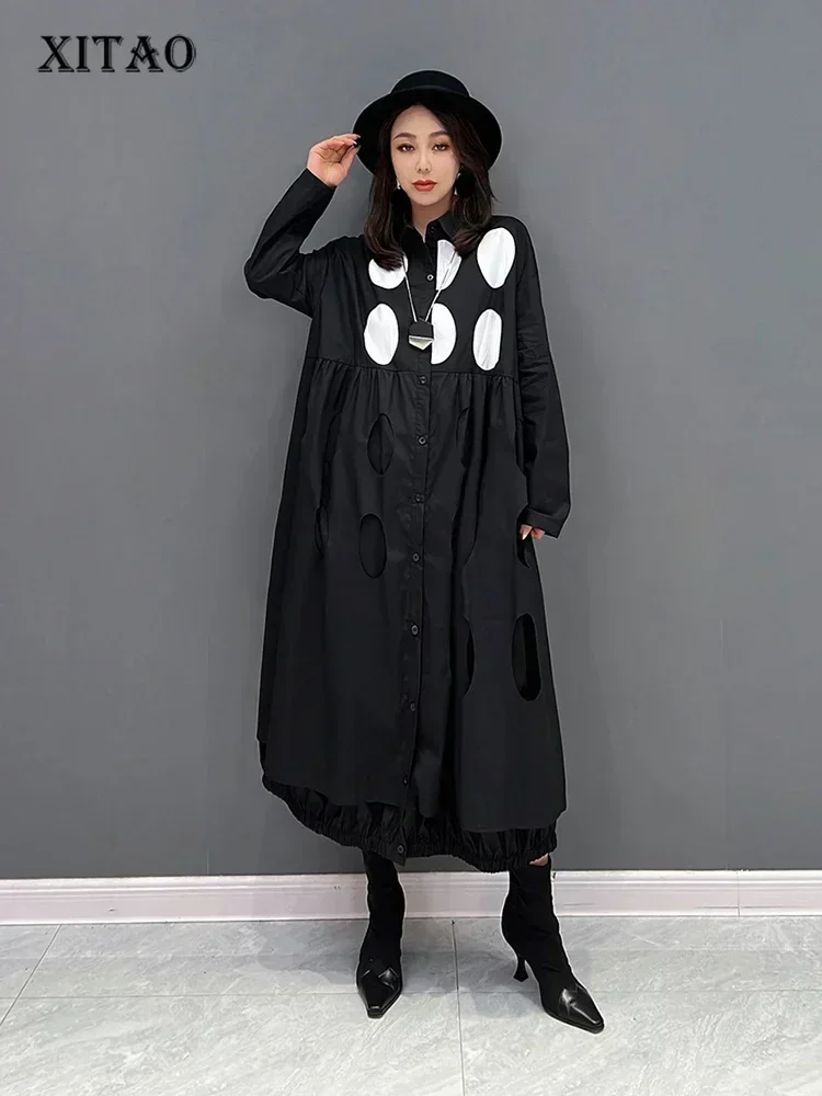 

XITAO Hollow Out Patchwork Shirt Dress Fashion Contrast Color Splicing Log Sleeve Single Breasted Women Spring New WLD9254