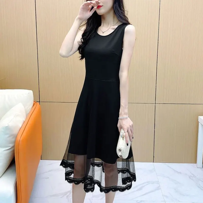

Stylish Gauze Patchwork Midi Dress Casual O-Neck Summer Sleeveless Female Clothing All-match Solid Color A-Line Waist Dresses