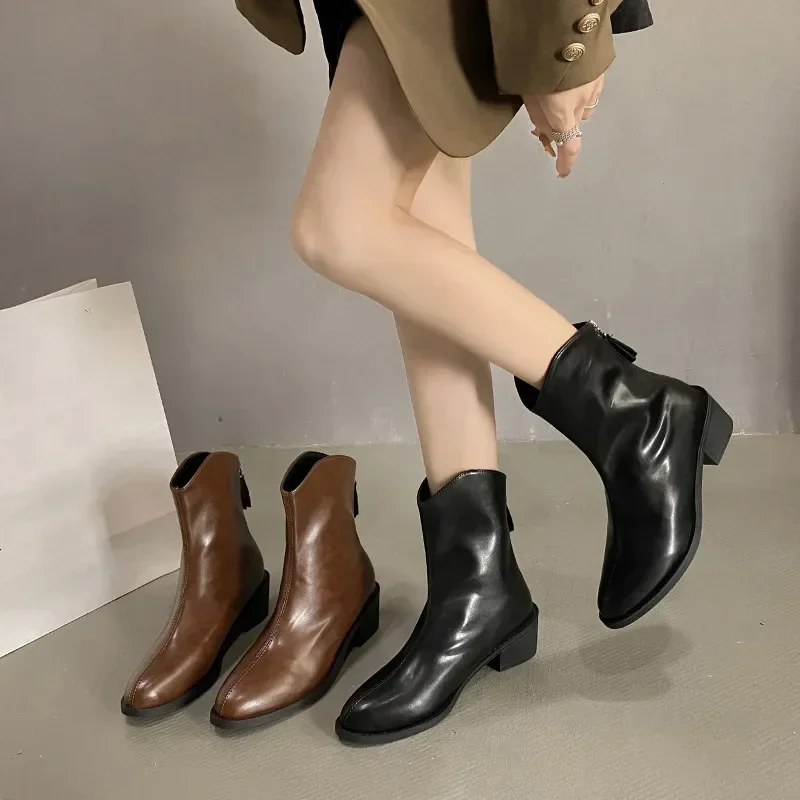 

High Heels Ankle Boots for Women Autumn Winter New Pu Leather Square Toe Short Boots Woman Design Zipper Thick Heeled Botas